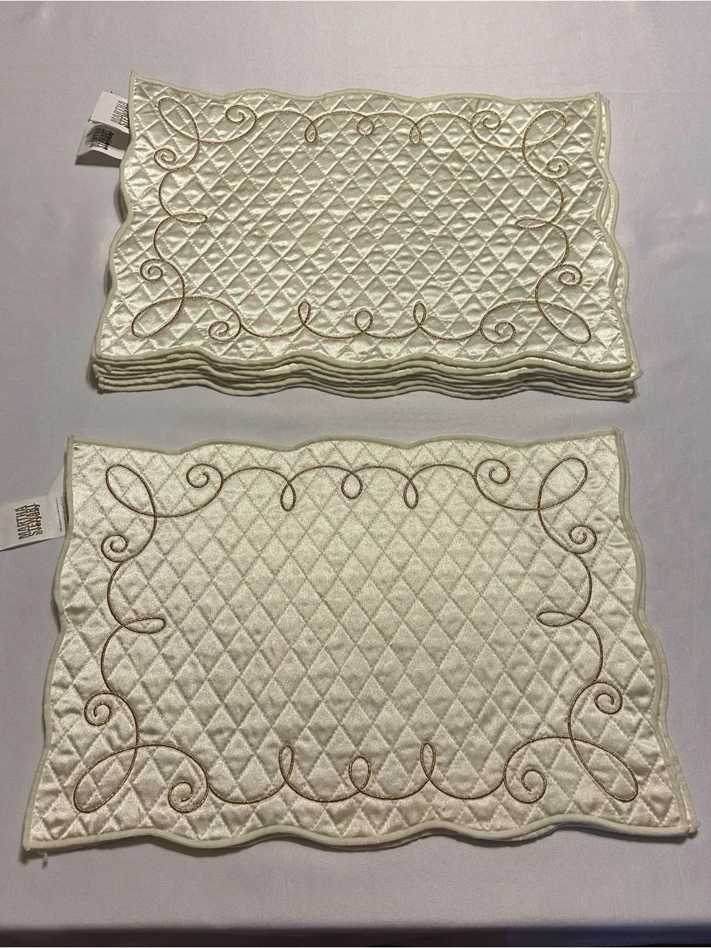 Martha Stewart Cream Quilted Placemat Set with Gold Scroll Embroidery set of 10